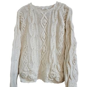 Vintage Express Hand Knitted Ivory Cableknit And Rosettes W/Pearls Pullover Med